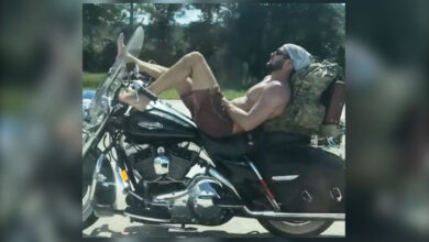 A Florida man, bare from the waist up, was spotted riding a motorcycle barefoot on the highway